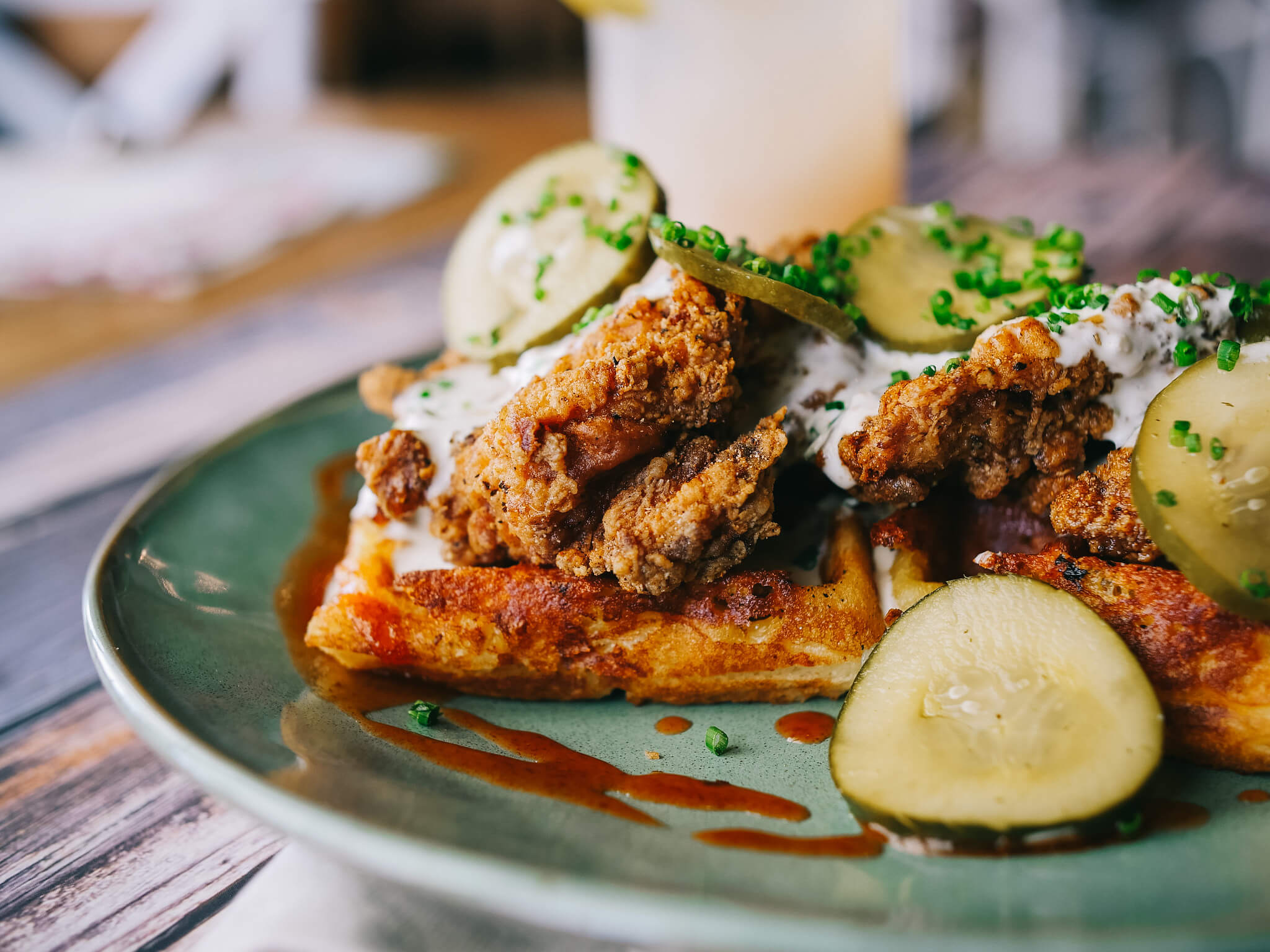 Mac & Cheese Waffles with Asheville Hot Fried Chicken