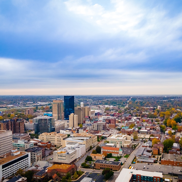 Aerial panorama of downtown Lexington, Kentucky with the business district
