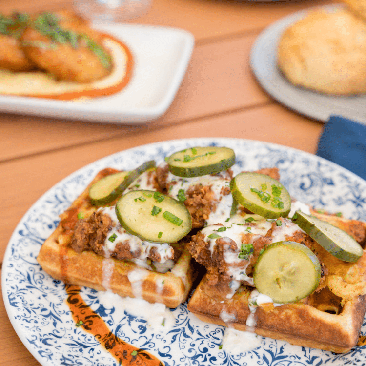 Mac & Cheese Waffles with Asheville Hot Fried Chicken