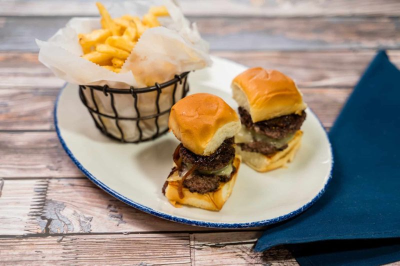 whiskey & onion burger sliders lunch combo with basket of fries