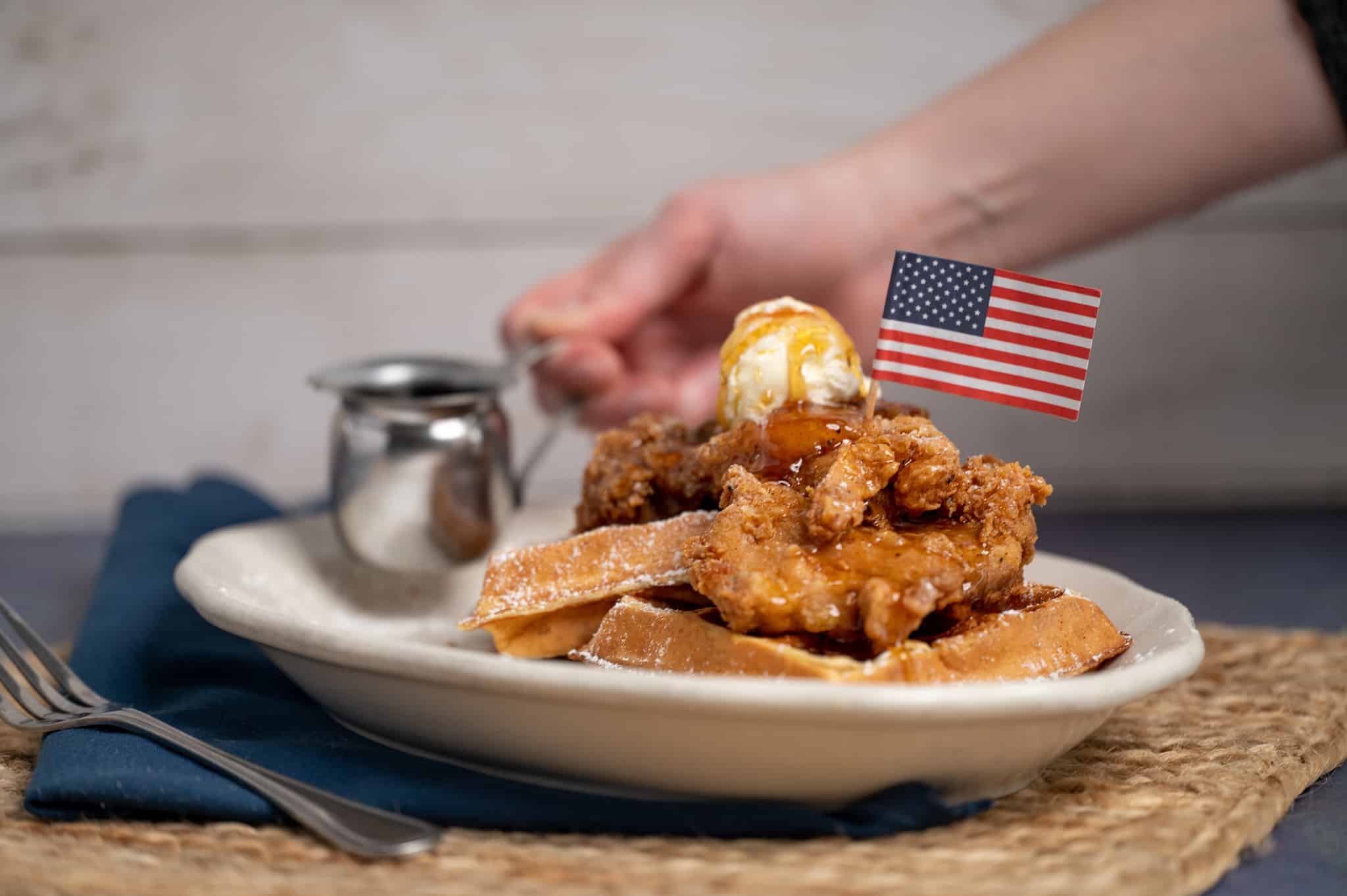 chicken & waffles with american flag