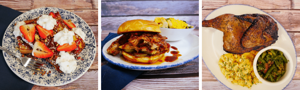 Seasonal Menu Berry French Toast Pulled Pork Sandwich Roasted Chicken
